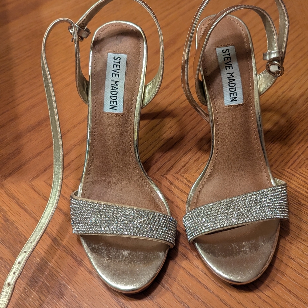 Steve Madden Gold Heels with Rhinestone Strap